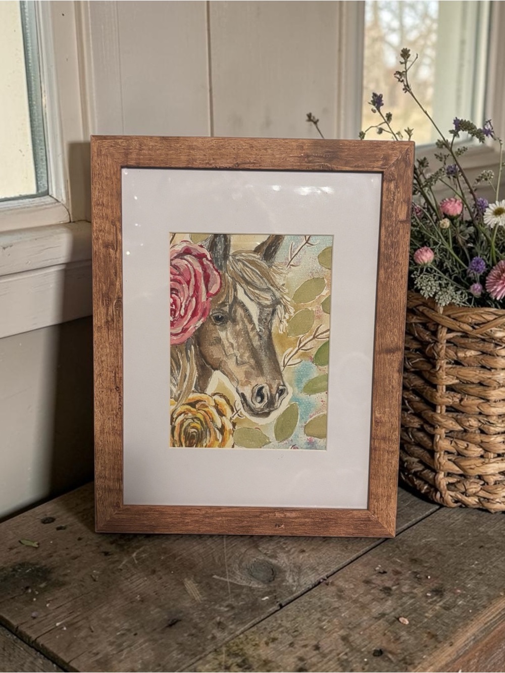 Original Horse Watercolor Painting Framed Farmhouse Decor